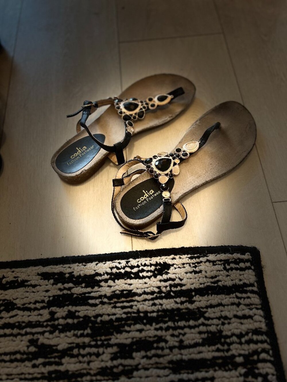 Codilia Black & Gold Jeweled Flat Sandals | Embellished Boho Thongs ✨